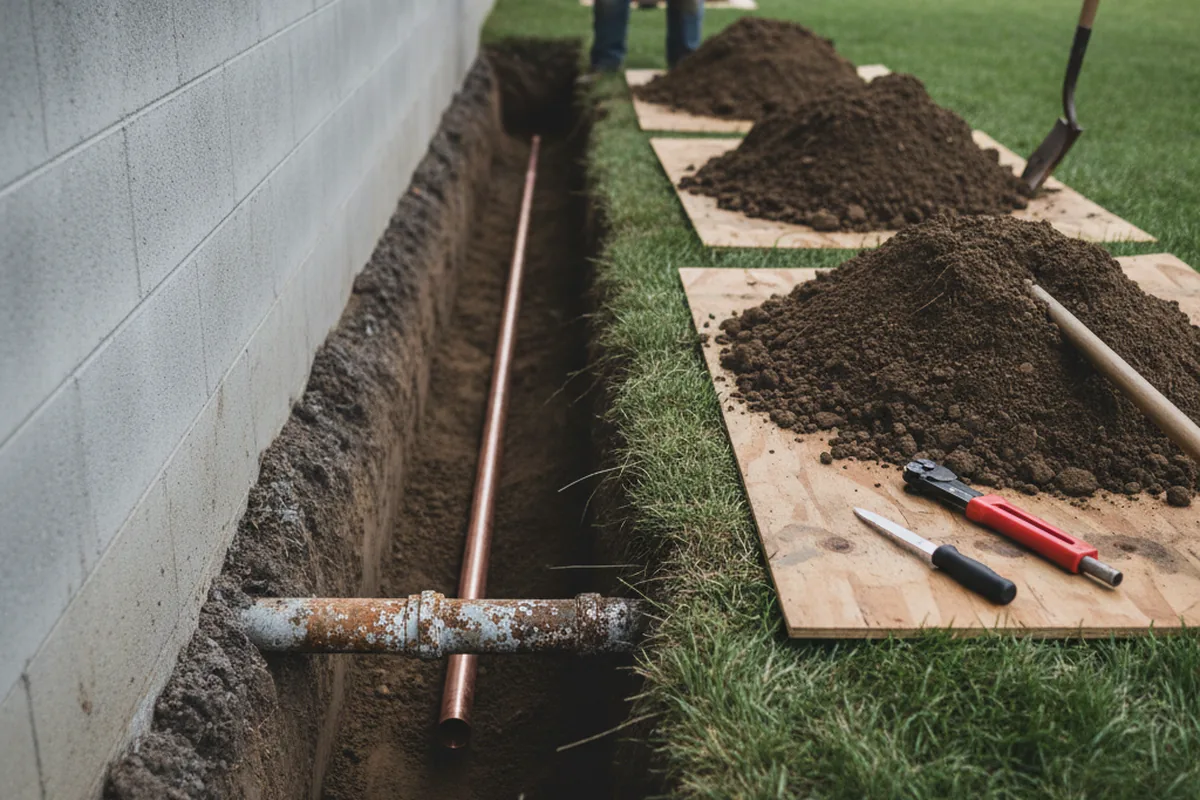 Excavated water line trench during Water Heater Repair in Yorkville